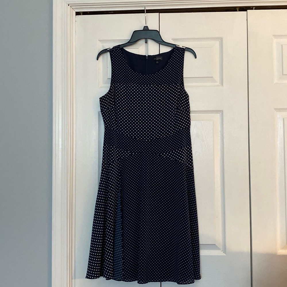Navy polkadot dress.